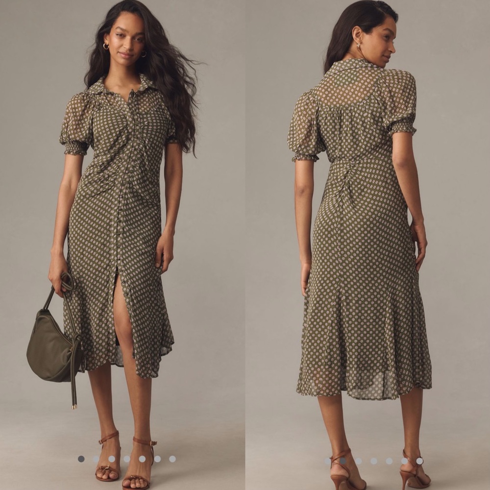 By Anthropologie puff sleeve ruched mesh midi shirt dress
